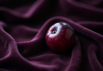 A single ripe plum rests on a deep purple velvet fabric  creating a rich and luxurious image.