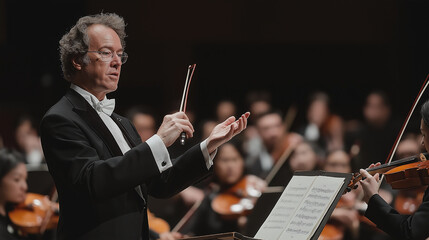The orchestra is playing in a concert hall. The conductor is wearing a formal suit and is standing on a podium. The musicians are seated and are wearing black suits and white shirts