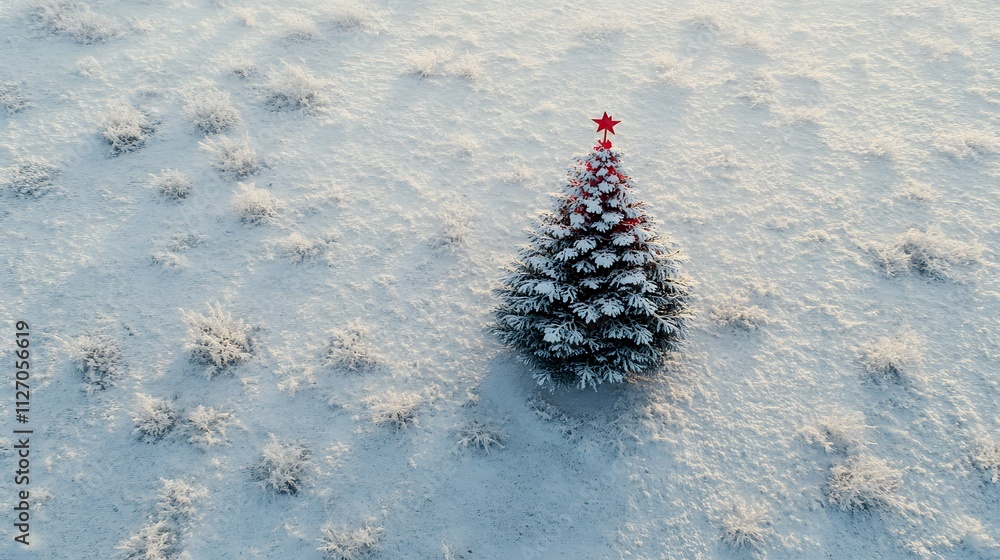 Poster a lone christmas tree with minimal red and white decorations stands on a vast, frosty plain, capture