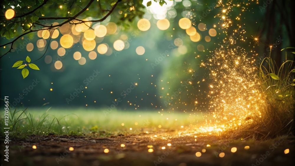 Poster a magical and enchanting forest scene with sparkling golden light illuminating the ground and grass