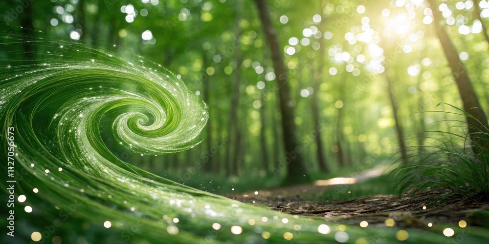Poster a swirling green wave of grass with sparkling particles against a backdrop of a sun-dappled forest.
