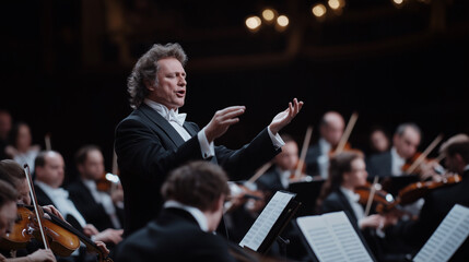 The orchestra is playing in a concert hall. The conductor is wearing a formal suit and is standing on a podium. The musicians are seated and are wearing black suits and white shirts