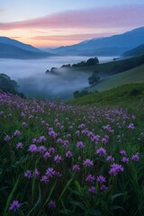 Fototapeta premium A beautiful field of purple flowers with a mountain in the background. The sky is a mix of pink and blue, creating a serene and peaceful atmosphere