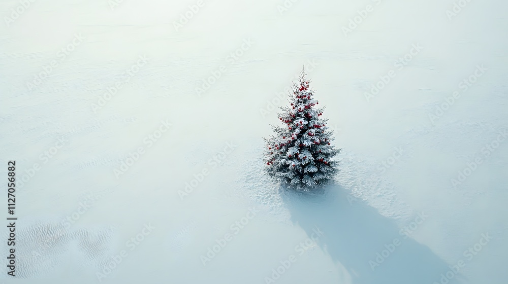 Poster a lone christmas tree with minimal red and white decorations stands on a vast, frosty plain, capture