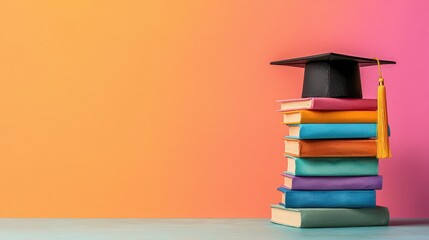 A stack of colorful books with a graduation cap on top, symbolizing academic achievement and learning.