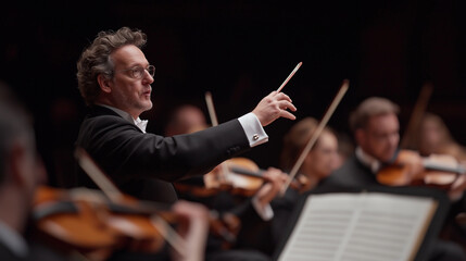 The orchestra is playing in a concert hall. The conductor is wearing a formal suit and is standing on a podium. The musicians are seated and are wearing black suits and white shirts