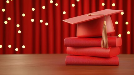 A red graduation cap resting on stacked books with festive lights in the background.