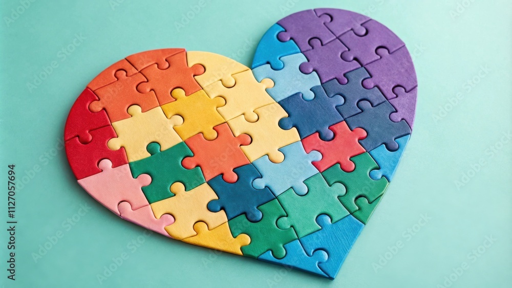 Poster a heart shaped puzzle with colorful pieces representing the unique aspects of the human heart.