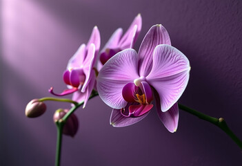 Elegant purple orchids illuminated by soft light against a dark background.