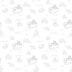 Icebreaker and icebergs seamless pattern. Cute Cartoon arctic nature background. Vector Illustration.