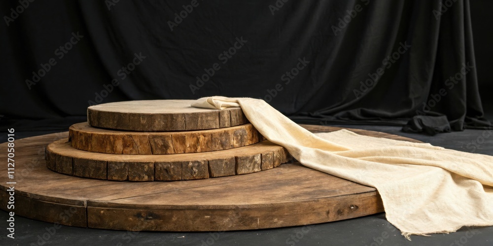 Poster rustic wooden platform with a natural fabric backdrop, ideal for product displays and showcasing han