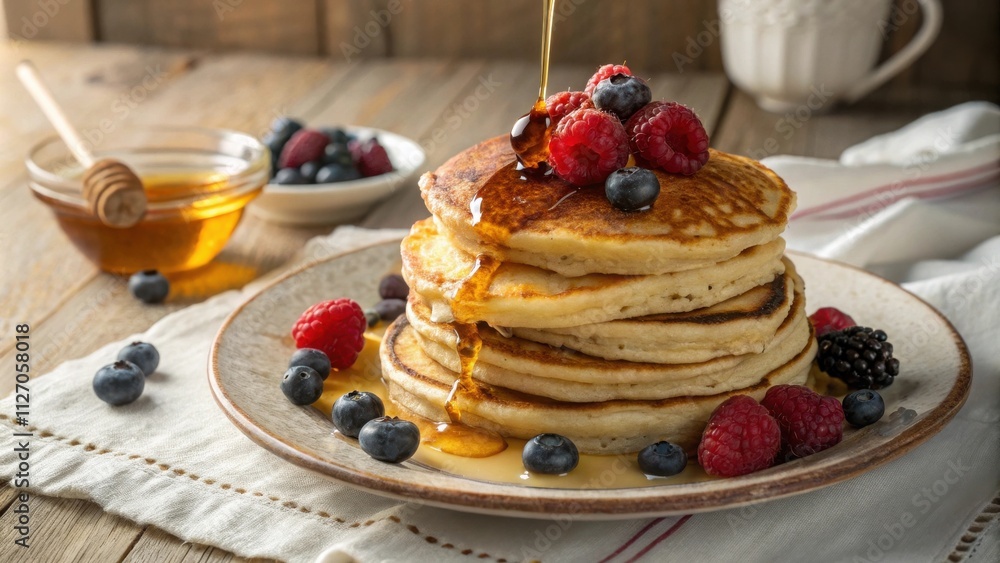 Poster a stack of golden pancakes, drizzled with honey and adorned with fresh blueberries and raspberries, 