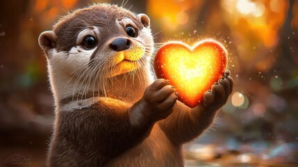 An adorable baby otter with big eyes and a sweet smile is holding a heart in its paws, looking lovingly at the viewer
