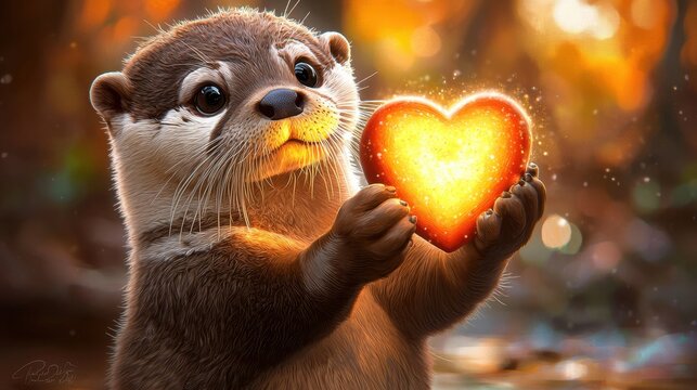 An adorable baby otter with big eyes and a sweet smile is holding a heart in its paws, looking lovingly at the viewer