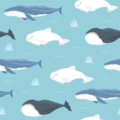 Polar sea animals seamless pattern. Cute Cartoon arctic animals, marine animals and fish, background. Vector Illustration.