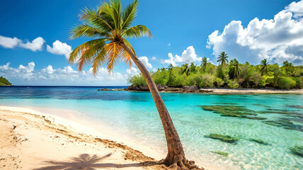 beach with palm trees and blue sky