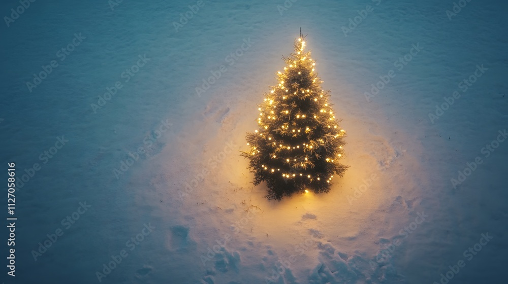 Poster minimalist christmas tree with tiny string lights glowing softly, photographed from above to showcas