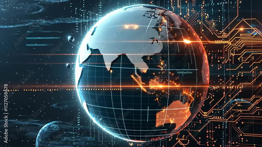 Poster visualizing the interconnected world with glowing technology