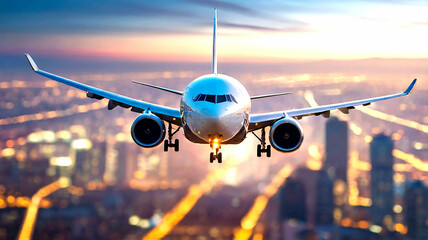 airplane flying over the city