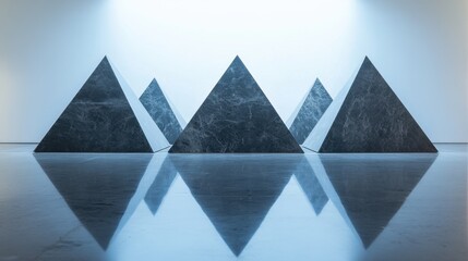 Pyramid-shaped display stands arranged symmetrically on a reflective floor.