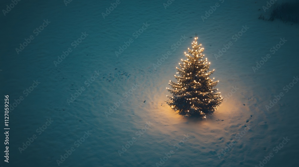 Poster minimalist christmas tree with tiny string lights glowing softly, photographed from above to showcas
