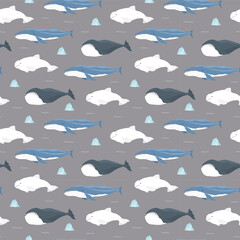 Polar sea animals seamless pattern. Cute Cartoon arctic animals, marine animals and fish, background. Vector Illustration.