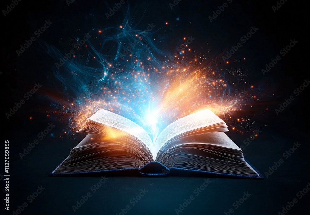 Poster magical open book with glowing pages emits vibrant light and energy, creating captivating scene fill