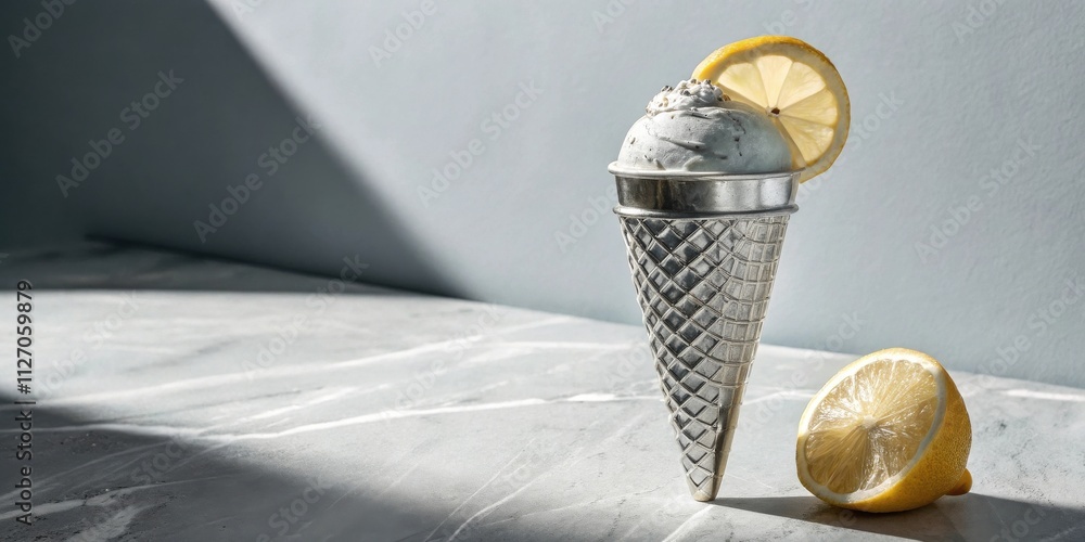 Poster a silver ice cream cone filled with vanilla ice cream topped with a lemon slice, sitting on a white 