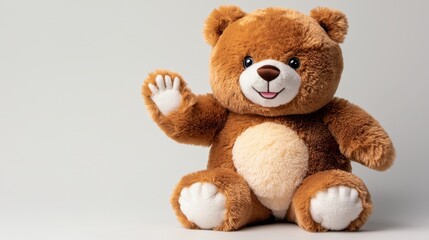 Fototapeta premium The stuffed animal features a soft, plush body with a paw raised in a playful and welcoming gesture, adding an endearing touch to its adorable appearance.