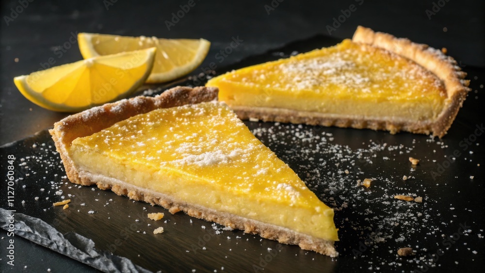 Poster a slice of lemon tart dusted with powdered sugar and served on a black slate plate