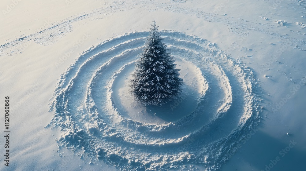 Aufkleber aerial abstraction of a minimal christmas tree surrounded by circular trails in the snow, giving a u