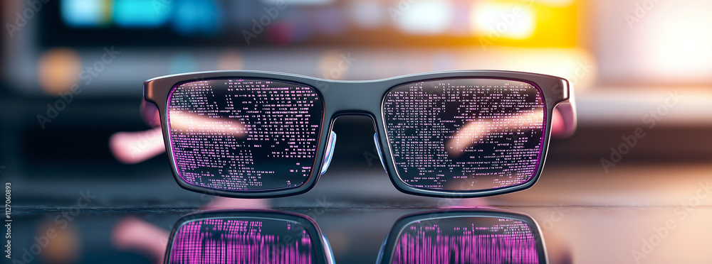 Poster pair of glasses reflecting digital code, showcasing modern technology and innovation. vibrant colors