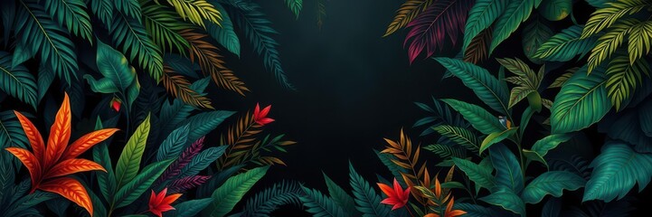 Dark pattern with exotic leaves featuring vibrant hues and intricate designs, botanical, decorative