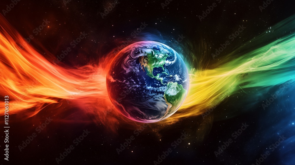 Poster earths gravitational fields being disturbed with flickering changes in light and color.