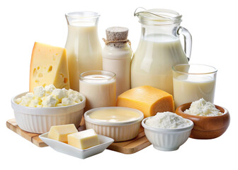 Assortment of dairy products including cheese, milk, butter, and yogurt, isolated on a white background.