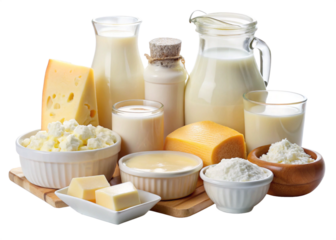 Assortment of dairy products including cheese, milk, butter, and yogurt, isolated on a white background.