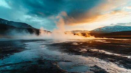Fototapeta premium Dramatic sunset over a geothermal area with steaming geyser and dark, moody clouds.