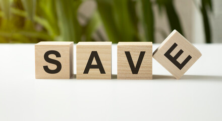 The concept of the word SAVE on cubes on a beautiful green background