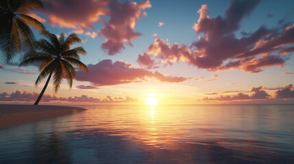 Obraz premium stunning sunset over exotic beach with palm trees, vibrant colors, and calm waters creates serene atmosphere. reflection on water enhances beauty of this tropical paradise