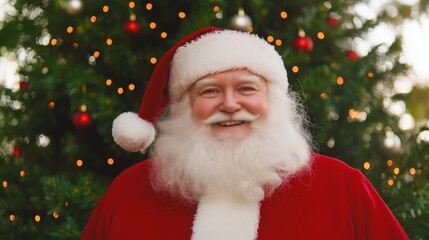 Man in a red Santa Claus suit is smiling