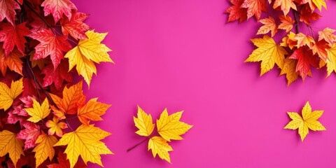 Dry orange metallic leaves arranged in a pattern on a vibrant violet background, design, decoration