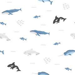 Polar sea animals seamless pattern. Cute Cartoon arctic animals, marine animals and fish, background. Vector Illustration.