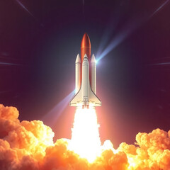 Fototapeta premium Space shuttle launch with smoke and flames, isolated on white background, high detail PNG transparent.