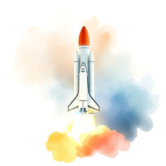 Naklejka premium Space shuttle launch with smoke and flames, isolated on white background, high detail PNG transparent.