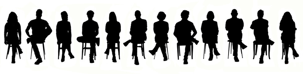 front view silhouette of a group of people sitting on a chair with their legs crossed