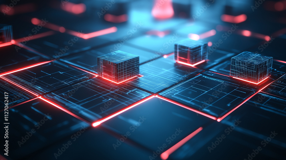 Poster abstract background with glowing cubes and grid pattern, showcasing futuristic design. vibrant red a