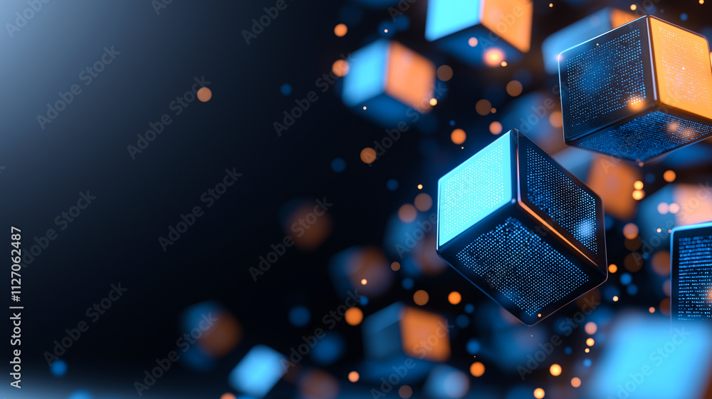 Aufkleber abstract background with glowing digital cubes in blue and orange colors, creating dynamic and futur