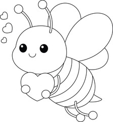 Obraz premium Cute kawaii cartoon character bee with heart coloring page for kids