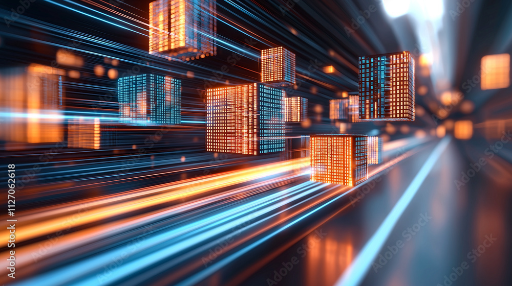 Poster futuristic cityscape with glowing cubes and dynamic light trails, creating abstract digital environm