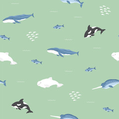 Polar sea animals seamless pattern. Cute Cartoon arctic animals, marine animals and fish, background. Vector Illustration.